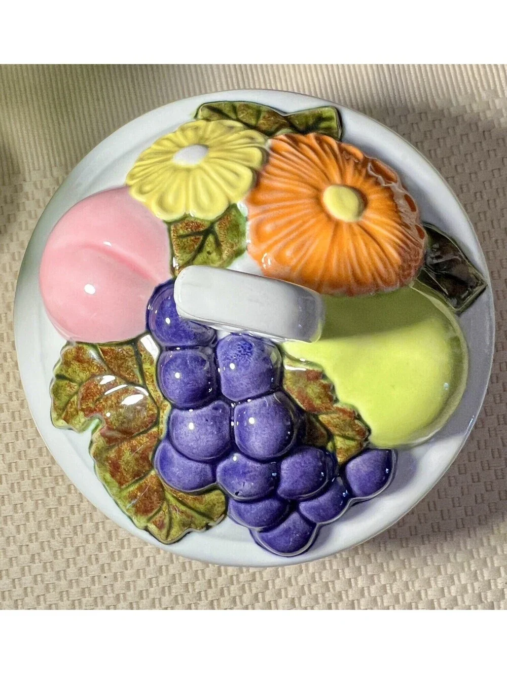 Vintage 1971 Handmade Ceramic Basket Weave Fruit Candy Dish. Lidded Bowl